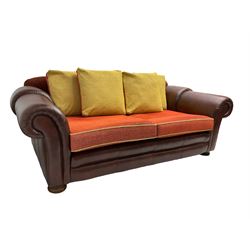 Gainsborough Lounge Suites - three piece leather and fabric lounge suite - pair two seat sofas (W225cm, H82cm, D105cm), and matching armchair (W88cm), on turned front feet with scatter cushions
