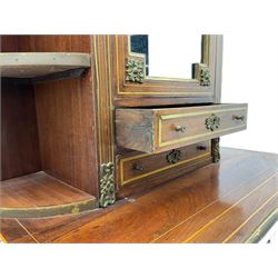 French Empire style walnut cabinet on stand, the raised cabinet over two small drawers and flanked by two curved shelves, the rectangular top over slide and drawer, on turned and fluted supports joined by x-framed stretcher, boxwood and brass stringing throughout, fitted with cast gilt metal mounts and fittings