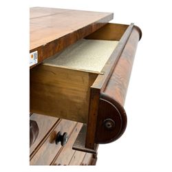 19th century flame mahogany Scotch chest, frieze long drawer above two short and four long graduating drawers, with turned knobs scrolled carved side bracket 