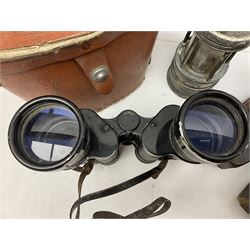 Pair of Lemaire Fabi of Paris mother of pearl opera glasses, together with Ajax 10 x 50 Ajax binoculars, four wooden planes, mining lamp and clay pipe 