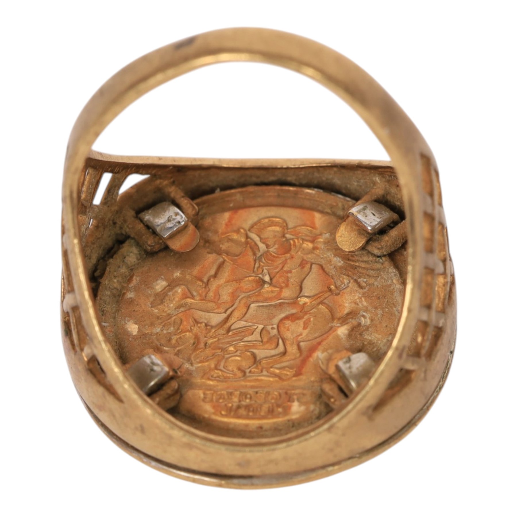 9ct gold St George coin ring, with cubic zirconia surround, hallmarked