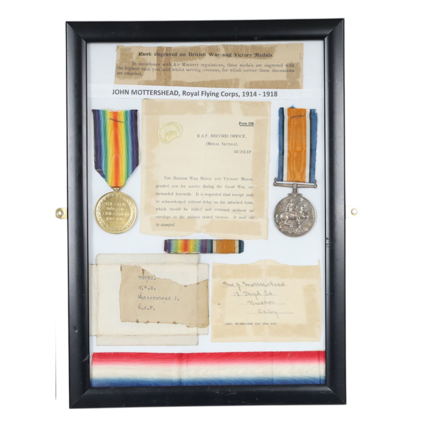 WWI framed medals, One framed set, medal duo war and victory medals, awarded to 79250 John Mottershead Royal Flying Corps, with ribbon band and paperwork, the second frame, medal trio 1914-15 star, war and victory medals, awarded to 29274 Cpl John Thorburn 16th Canadian Infantry together with Women's Royal Voluntary Service medal and badges     