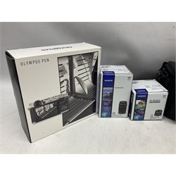 Olympus PEN-F camera body, with 'Olympus M- Zuiko Digital 25mm 1: 1.8' lens,  'Olympus M- Zuiko Digital 75-300mm 1: 4.8 - 6.7' lens and  'Olympus M- Zuiko Digital 17mm 1: 1.8' lens, with original box, together with Lowepro camera bag
