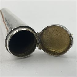 Two cheroot holders, one example with 9ct gold collar, together with two Victorian silver cheroot holder cases, both of typical form, one with personal engraving to cover, hallmarked Sampson Mordan & Co, London 1896