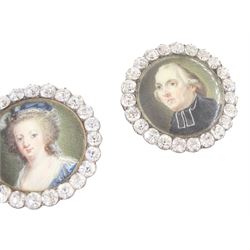 Set of six late 18th century French portrait miniature buttons, each finely painted upon ivory with a likeness of notable figures of the French Royal Court, set under glazed panels within silver frames mounted with paste stones, engraved verso with the sitters’ names and fitted with eyelets, later adapted with suspension rings; comprising “LE ROY” (Louis XVI), “LA REINE” (Marie Antoinette, youth portrait), “LA REINE” (Marie Antoinette, mature portrait), “MADAME” (Maria Josepha of Savoy, 1771–1810, wife of Louis, Comte de Provence, later King Louis XVIII), “M. BAILLY” (Jean Sylvain Bailly, 1736–1793, Mayor of Paris), and “M. L’ABBÉ MAURY” (Jean-Siffrein Maury, 1746–1817, Cardinal and Archbishop of Paris), overall D3.5cm. This lot has been registered for sale under Section 10 of the APHA Ivory Act