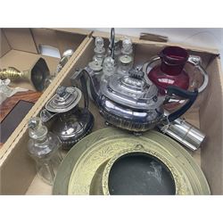 Uranium green glass vase, together with cranberry glass jug, glass dish with silver plate rim, glass cruet set etc, in two boxes 