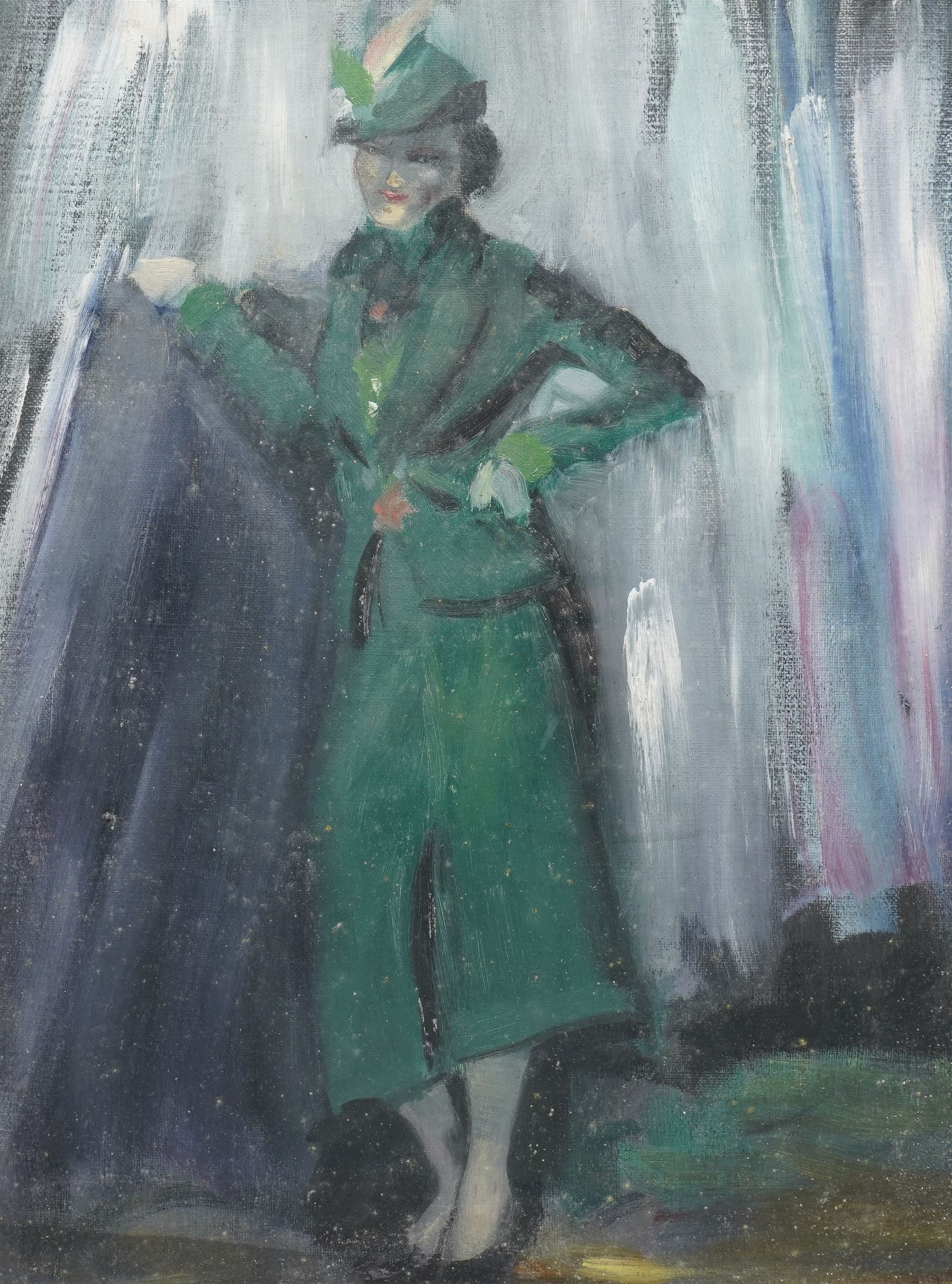 AFC Lamont (Scottish Early 20th century): Portrait of a Lady in a Green Dress and 'the New Hat', oil on canvas laid onto board signed, titled verso 52cm x 37cm