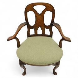 Pair of 1930s Queen Anne design walnut-framed open armchairs with vase-shaped pierced back splat and scroll end arms above a padded serpentine seat, raised on cabriole legs with pad feet