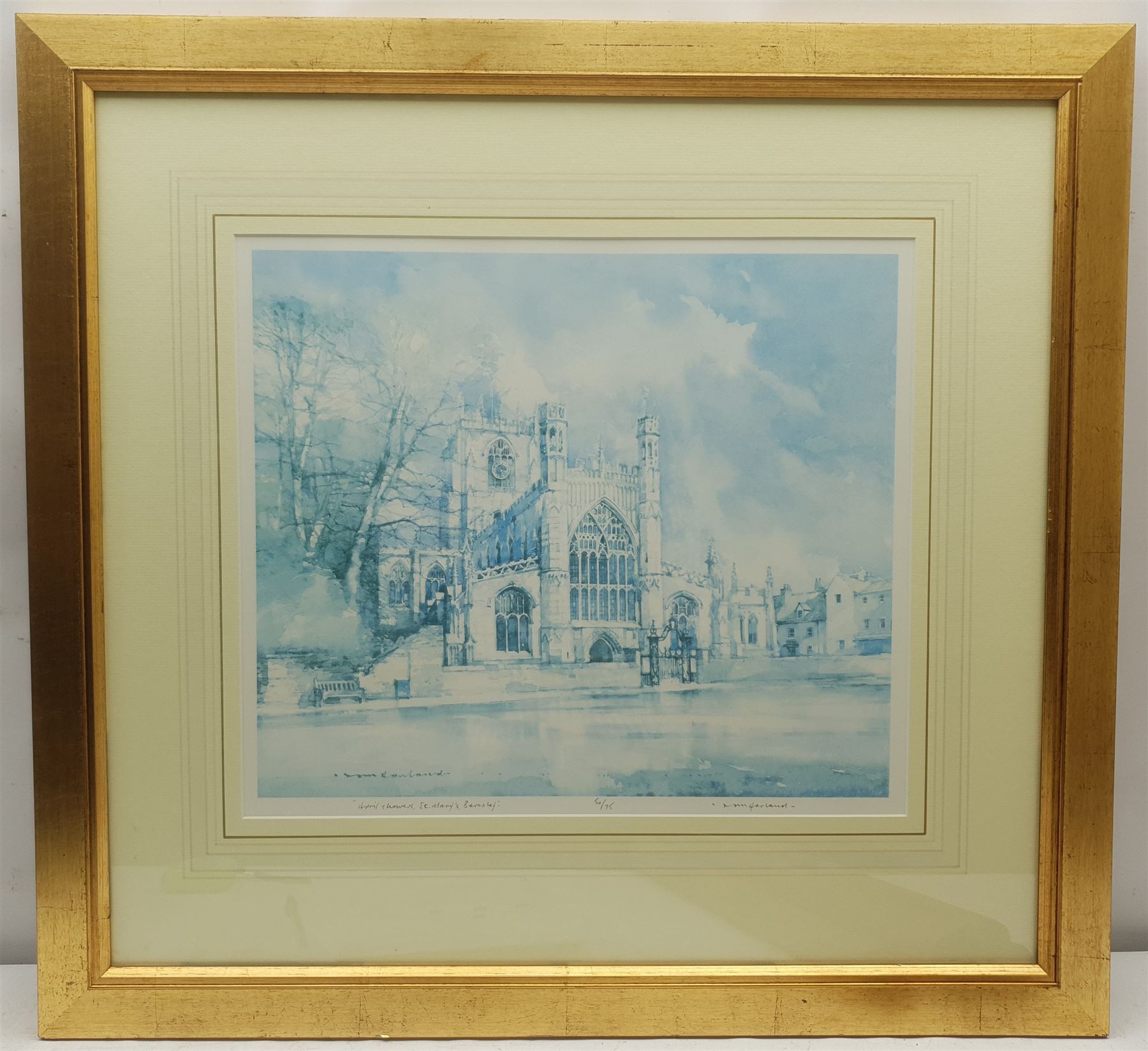 Daniel King (British c.1616-1661): Beverley Minster, 17th/18th century engraving 21cm x 31cm; Tom Harland (British 1945-2012): 'Winter Sunrise North Ferriby' and 'April Showers St Mary's Beverley', two colour prints signed in pencil, max 38cm x 45cm (3)