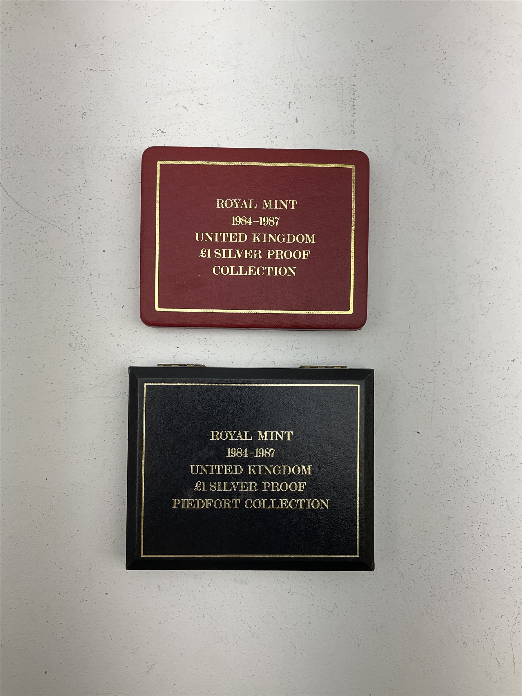 The Royal Mint United Kingdom 1984 to 1987 silver proof one pound coin collection and 1984 to 1987 silver proof piedfort  one pound coin collection, both cased with main certificate and some individual certificates 
