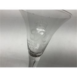 Early 20th century glass coronation goblet, the trumpet shaped bowl etched with George VI monogram and dated May 12th 1937, upon teardrop stem, H25cm