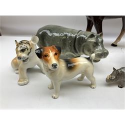 Beswick model of a seated bulldog, model no. 1872, Beswick Laurel & Hardy cruet set on stand, no. 575, Melba Ware animal figures to include large horse, hippo, rhino, USSR tiger cub figure, other ceramics to include Mason's lidded jar etc