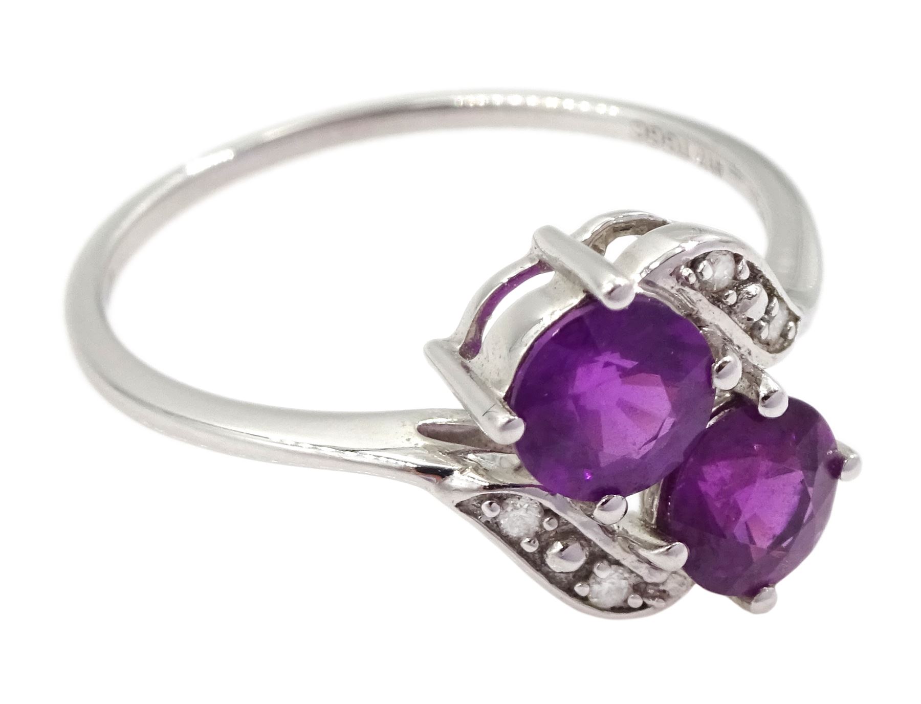 9ct white gold purple garnet and diamond crossover ring, hallmarked