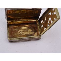 George III silver vinaigrette, of typical rectangular form, with raised foliate rim and engine turned decoration, with banded sides and foliate pierced engraving to gilt interior, hallmarked Birmingham 1797, maker's mark TS, L3cm