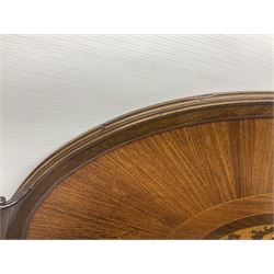 Late 19th/early 20th century mahogany and marquetry inlaid tray, of oval form with twin scrolled handles and moulded border, the central panel inlaid with figures seated at a table drinking tea, L99cm