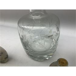 Krosno glass decanter with etched floral decoration, snuff bottles to include oriental glass examples, cloisonné matchbox cover, napkin ring and other examples