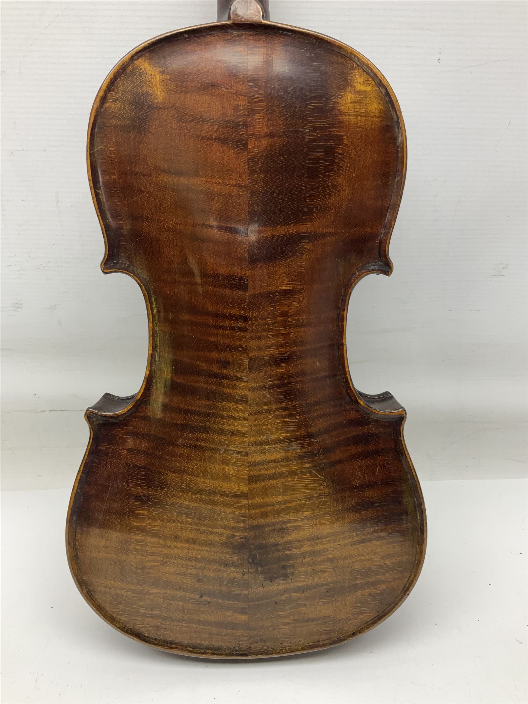 German trade violin c1900 stamped PAGANINI with 35.5cm two-piece maple back and ribs and spruce top L58.5cm overall; in carrying case; and another German trade violin for spares or repair; in carrying case (2)