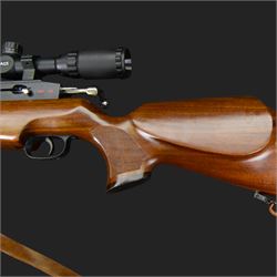 Logun MK2 22 Cal. air rifle, serial no 25885, with ASG fitted sight, bi-pod stand and fitted moderator  