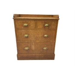 Early 20th century pitch pine chest, three quarter raised back, fitted with two short over two long drawers, on plinth base