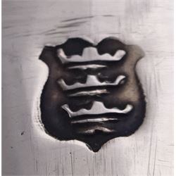 Pair of modern Guild of Hull Silversmiths silver goblets, the bowls each of tapering cylindrical form, with spot hammered finish, upon a tapering foot, etched with abstract lines, hallmarked J & KR, Birmingham 1983, also marked with the three crowns mark of the Guild of Hull Silversmiths, H11.6cm
Notes: Abraham Barachin was the last Hull silversmith to use the Hull mark of three ducal coronets in around 1706. However in 1983 the Assay Offices of Great Britain and the City of Kingston upon Hull granted the Guild of Hull Silversmiths permission to use the City's Coat of Arms as an additional mark on pieces they produced