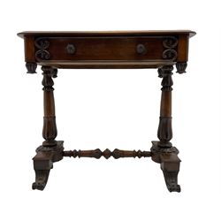 Victorian rosewood stretcher table, moulded rectangular top with rounded corners over single drawer, turned and carved twin pillar supports on platforms joined by turned stretcher, scroll carved feet