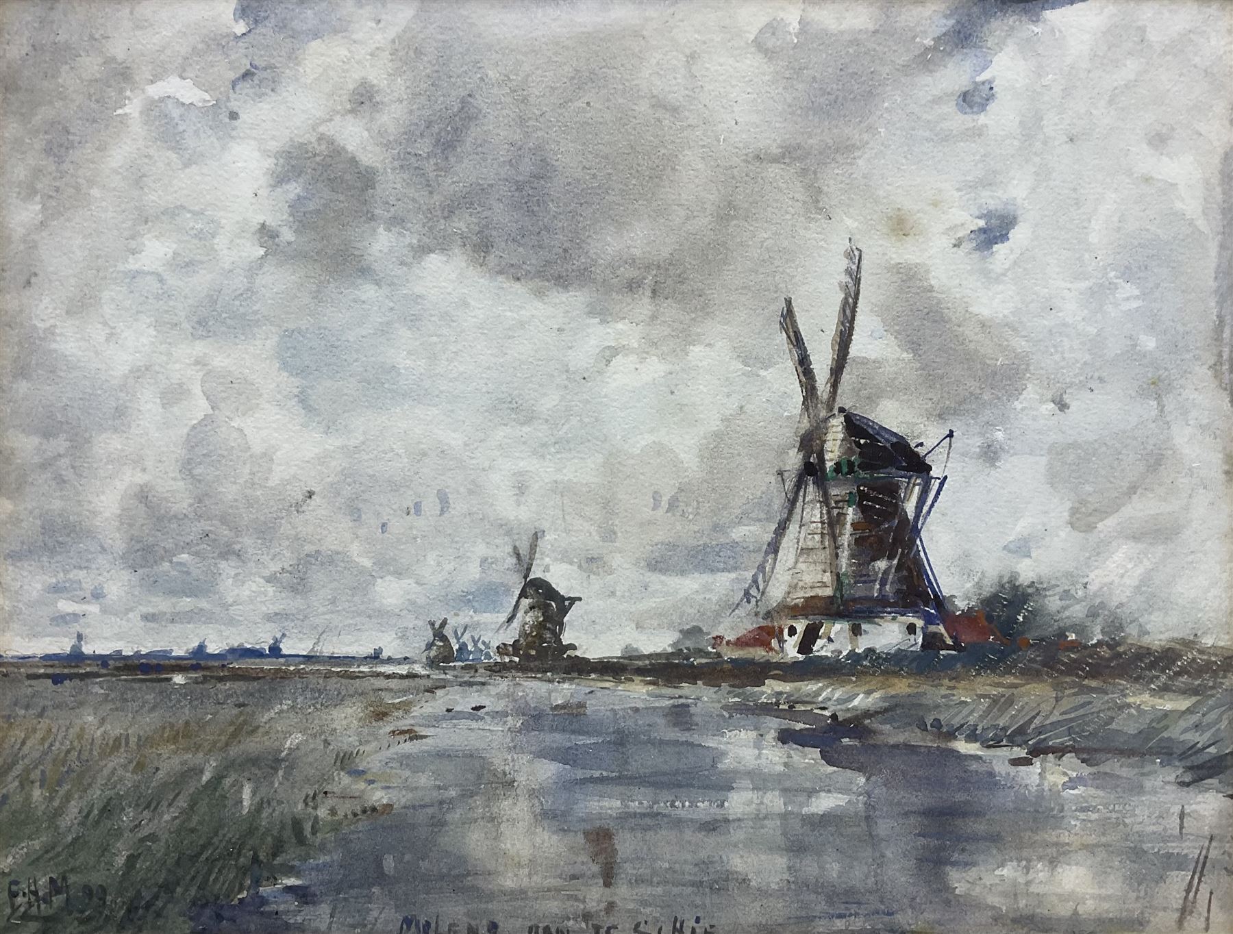 Frank Henry Mason (Staithes Group 1875-1965): 'Molens [Windmills] on the Schie', watercolour signed with initials titled and dated '99, 21cm x 28cm