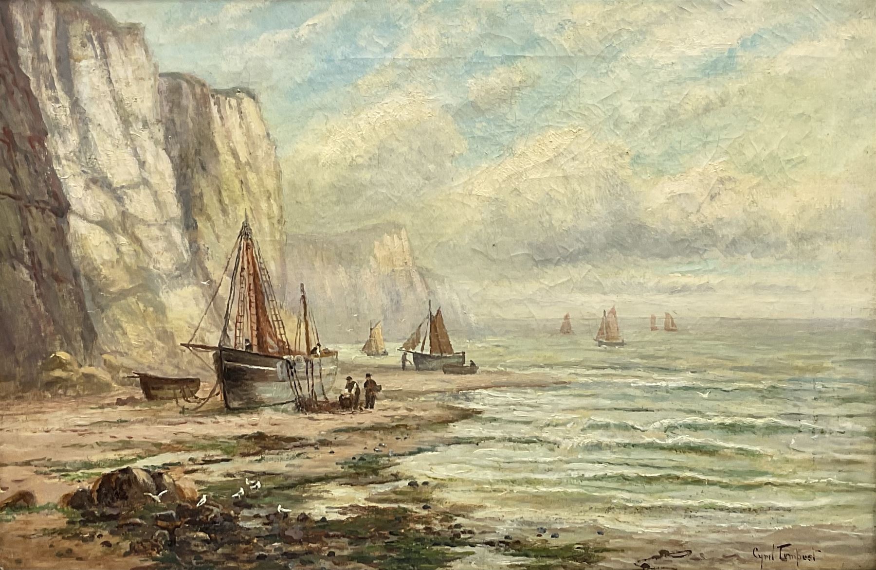 Cyril Tempest (Yorkshire late 19th century): Mast from Shipwreck and Beached Sailing Vessels, pair oils on canvas signed 40cm x 60cm (2)