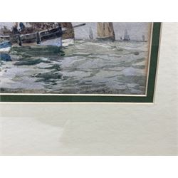 Albert George Strange (British c1855-1917): Fishing Boats outside Scarborough Harbour, watercolour signed 17cm x 24cm 
Notes: this is view prior to the start of the construction of the Marine Drive in 1897. Strange had taught at South Kensington and Liverpool Art Schools before being appointed Head of the newly founded Scarborough Art School in 1882, an appointment he held until 1916. An outstanding teacher, among his many pupils was Frank Henry Mason.