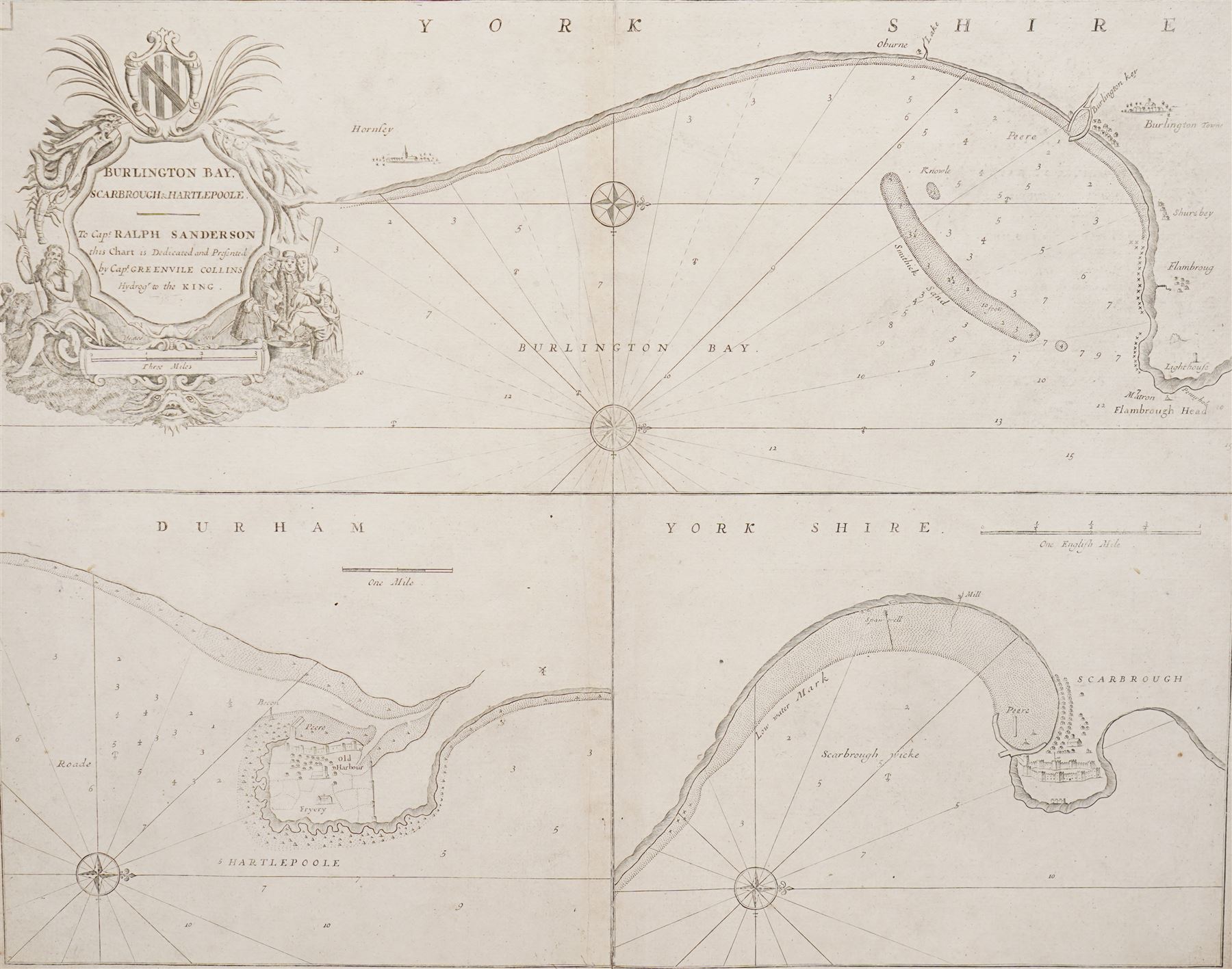 Capt. Greenvile Collins (British 1643-1694): 'Burlington Bay Scarbrough & Hartlepoole', 17th century engraved sea chart or map dedicated to Captain Ralph Sanderson 50cm x 60cm