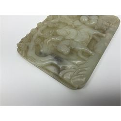 Pale celadon jade plaque carved in one side with a man riding his horse underneath flowering trees, with another figures following, H9cm, L12cm 