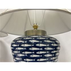 Pair of large lamps of tapering form, decorated in blue myriad fish pattern, on brushed chrome pedestals, including shade H75cm