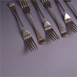 Three silver Old English pattern table spoons, including George III pair, and a set of six 1930s silver forks, all with engraved initials, all hallmarked