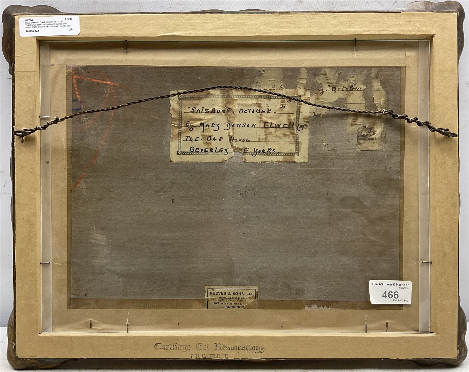 Mary Dawson Elwell (British 1874-1952): 'Salzburg Castle', oil on panel signed and dated 1929, original title label with artist's address verso 25cm x 35cm
Provenance: East Yorkshire dec'd estate; with Dee Atkinson & Harrison, Driffield, 3rd July 2009 Lot 466