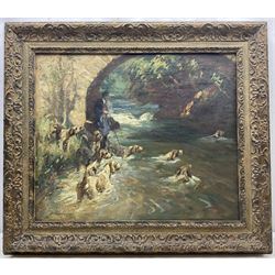 George Mortram Moorhouse (British 1882-1960): Huntsman and Hounds at 'The Kent - Hawes Bridge' Yorkshire Dales, oil on canvas signed and dated 1938, original title label with artist's Helsington, Kendal address verso 50cm x 60cm 
Notes: Moorhouse, often misspelled George Mottram Moorhouse, was a pupil of Sir William Orpen, Sir Frank Brangwyn, and Augustus John.