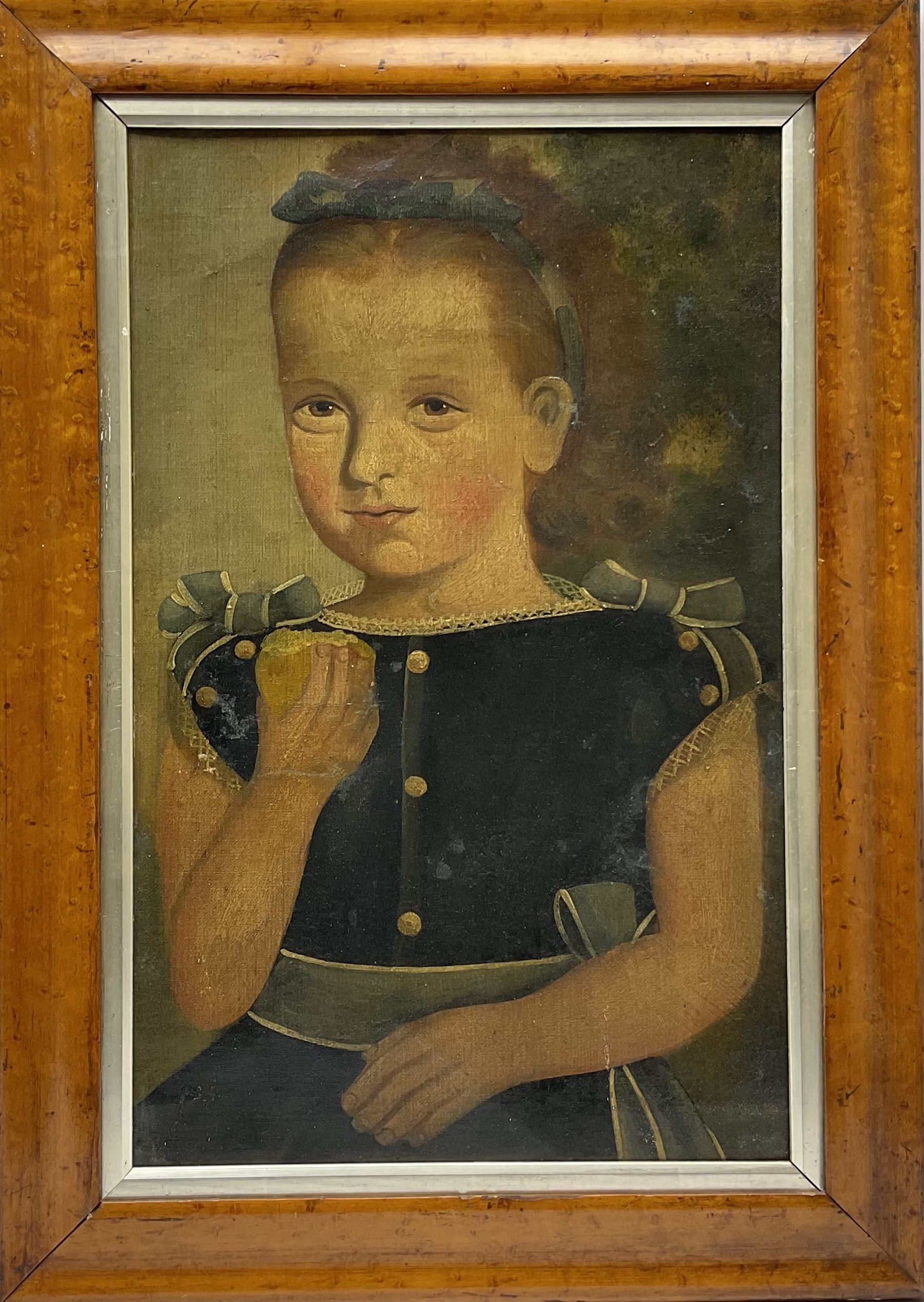 American Primitive School (19th century): Girl in a Blue Dress, oil on canvas laid loosely on board unsigned 46cm x 29cm
