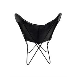 Butterfly Chair, black finish metal frame with stitched slung leather cover