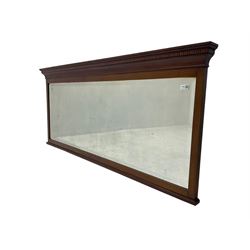 Edwardian mahogany rectangular wall mirror, the moulded cornice with chequered inlay, bevelled glass plate