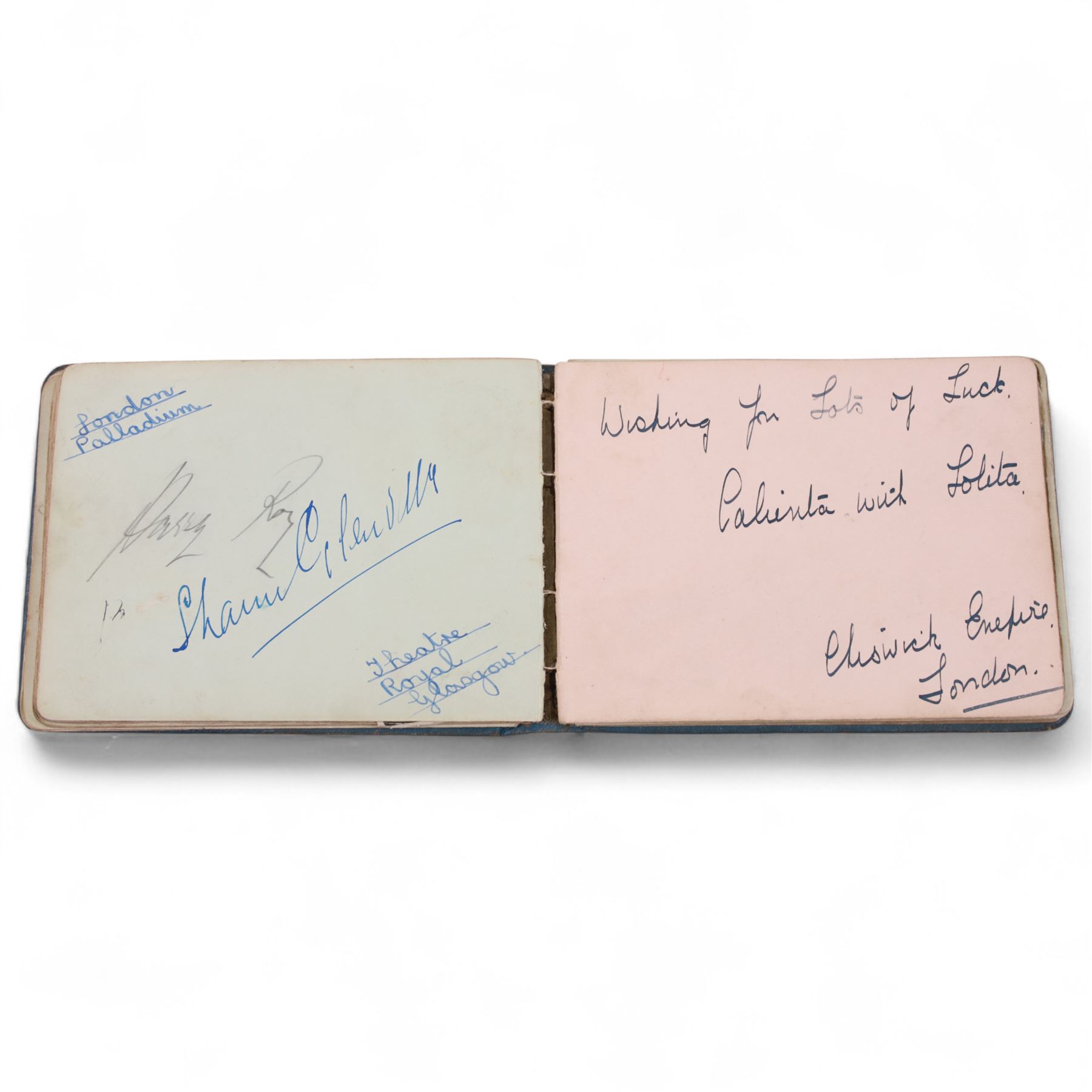 1930s autograph book containing various signatures from theatre performers and musicians, including Douglas Wakefield, Dorothy Langley, Phyllis Robins, Billy Scott-Coombes, Alfredo, etc 