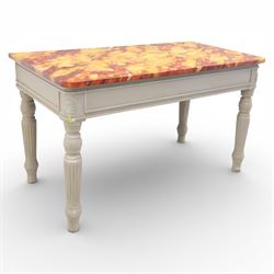 A pair of 19th century style pine console tables, with rectangular simulated marble top over a painted frieze, raised on fluted and turned tapering legs