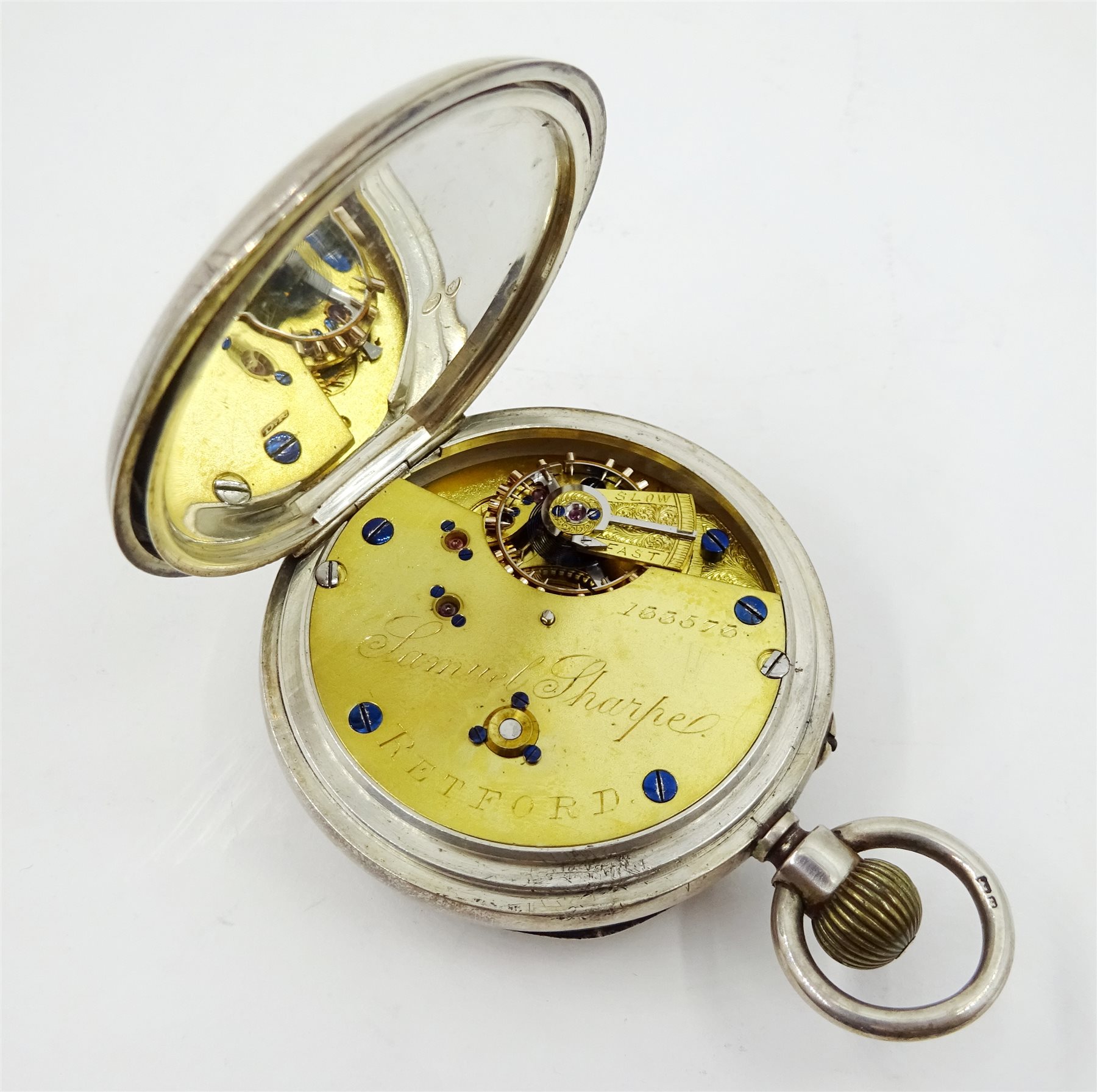 Victorian silver pocket watch top wind by Samuel Sharpe, Birmingham 1900, in yew and fruit wood case, similar silver pocket watch by the same hand hallmarked and a Waltham gold-plated half hunter pocket watch (3)