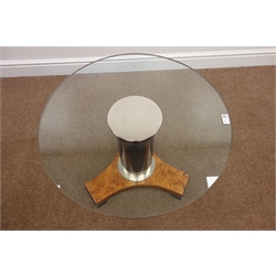  Giorgetti Furniture - circular glass top occasional table, cylinder pedestal support on figured elm platform bases, D65cm, H46cm  