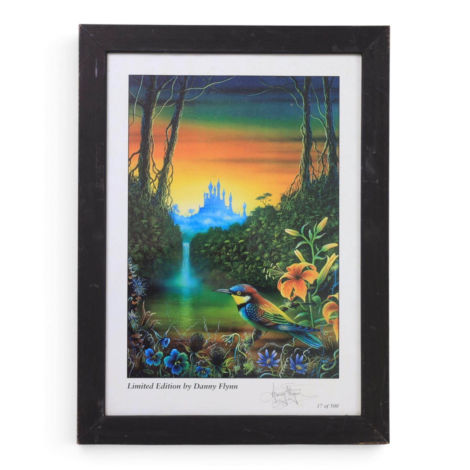 Danny Flynn (British 1958-): digital print of for a 90s TV show that never came to air featuring Danny Flynn in the centre and Arthur C Clarke looking on, two limited edition signed prints of a bluebell wood, two further signed limited edition prints of birds in surreal landscapes and a collection of postcards, three prints framed, largest H34cm

Notes: This item is from the private collection of Arthur C. Clarke's brother.
