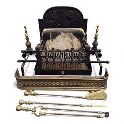 Victorian cast iron fire grate with Yorkshire Rose decoration, with guard and tools