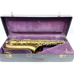 Brass tenor saxophone by Adolphe SAX, 84 Rue Myrha, Paris,  No.938 serial number 12097, H75cm excluding crook; in hard carrying case bearing plaque for Henri Selmer