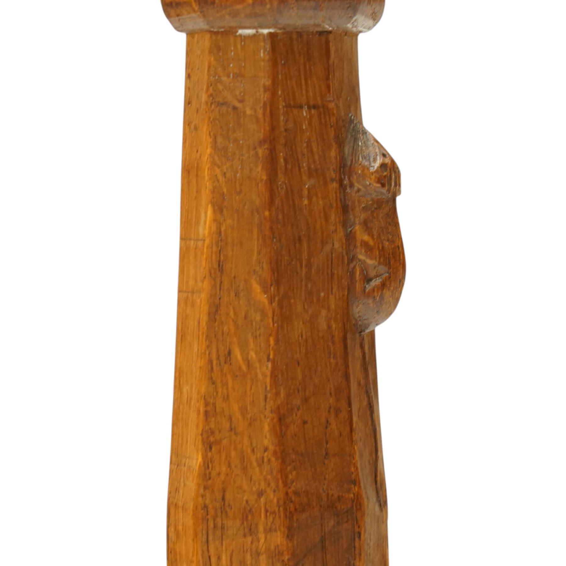 Mouseman - important oak monks chair, c1930s, the curved back inscribed with motto 'Cum Bona Voluntate Servientes' (serving with goodwill) over Trinity College Cambridge coat of arms, the shaped arms terminating with carved monks heads, each pierced side panel with Yorkshire Rose, tan leather seat on four octagonal legs joined by a cross stretcher, the back of the chair with initials ECH, with carved mouse signature, by Robert Thompson of Kilburn