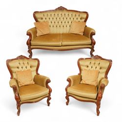 Contemporary traditional design two-seat sofa, solid wood frame with foliate cresting, but...