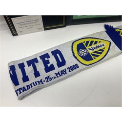 Leeds United football club - football association challenge cup competition final Saturday 11th April 1970 Chelsea vs Leeds United at Wembley programme, football association charity shield Saturday 10th August 1974 Leeds United vs Liverpool programme, various supporters pin badges, scarf for the league 1 playoff final Wembley stadium 25th May 2008, Danbury Mint 'Great Moments in the History of Leeds United' leather bound collectors edition, various used home game tickets etc