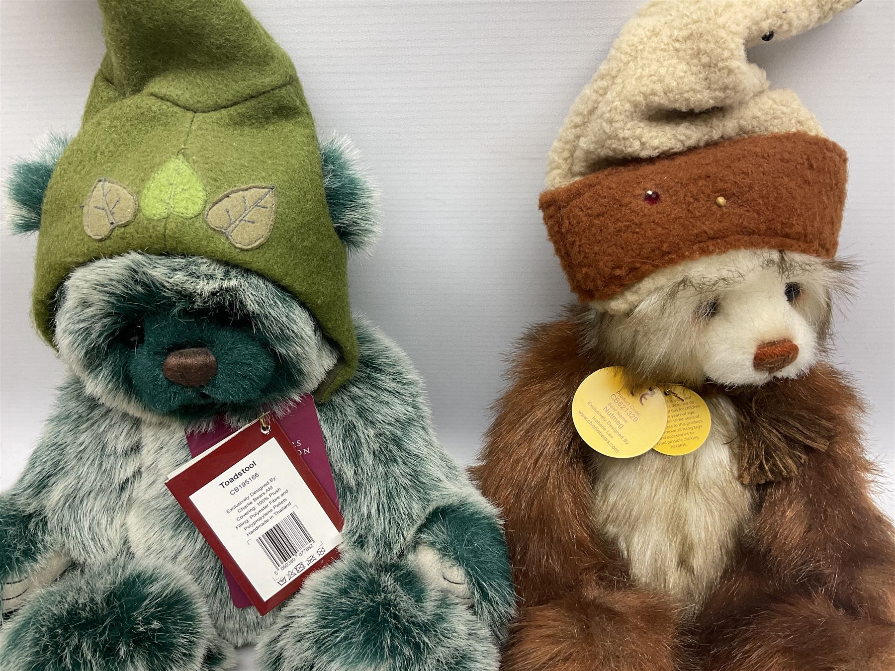Six Charlie Bears, comprising Nutmeg CB621329, designed by Isabelle Lee, Toadstool CB195166, Pom Pom CB175154B, Whoooo CB195220O, Bandage CB215274O, and Bearwolf CB215275O, all with tags 