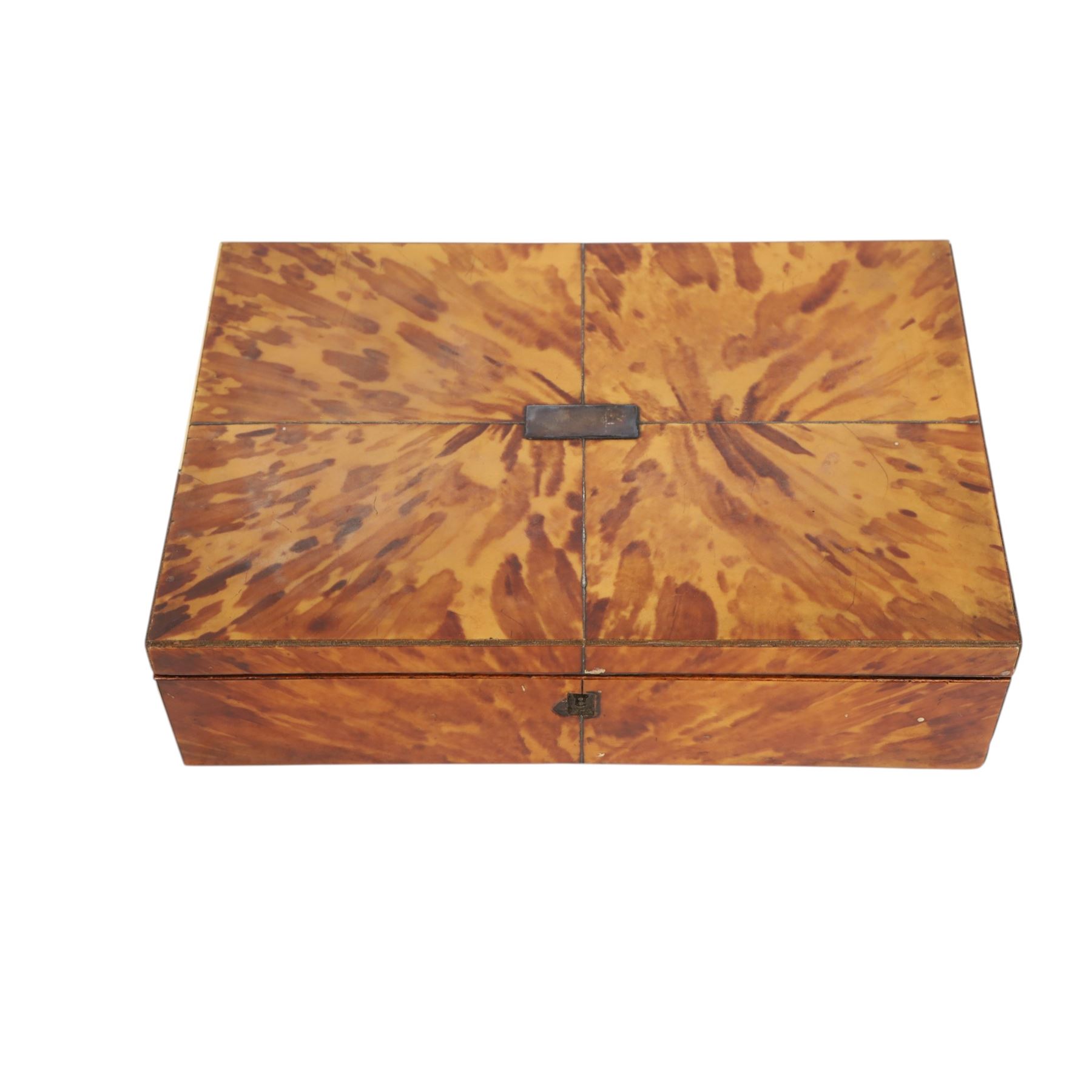 Regency blond tortoiseshell veneered box, the hinged lid with inlaid white metal and central cartouche, H7cm, L26cm