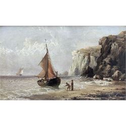 Henry Redmore (British 1820-1887): Fishing Yawl and Figures at the Cliff Foot, oil on board signed and dated 1881, 29cm x 49cm